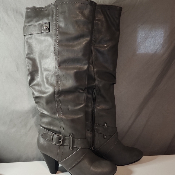 Rampage Shoes - Rampage Gray Heeled Boots with Edgy Buckle Straps